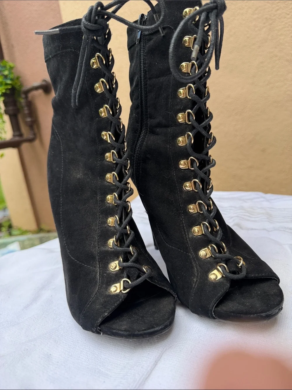 Wild Diva Black Lace-Up Peep Toe Stiletto Booties with Gold Eyelets - Picture 2 of 6